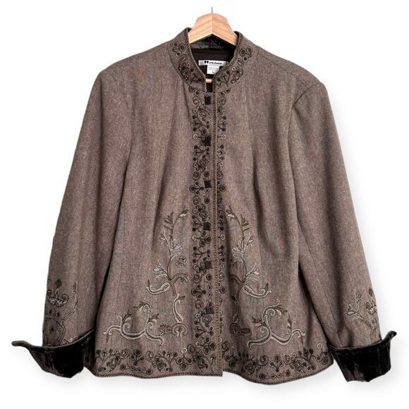 Nygard Collection Wool Blend Embroidered Velvet Trim Tweed Jacket Women's 16 - Picture 1 of 12